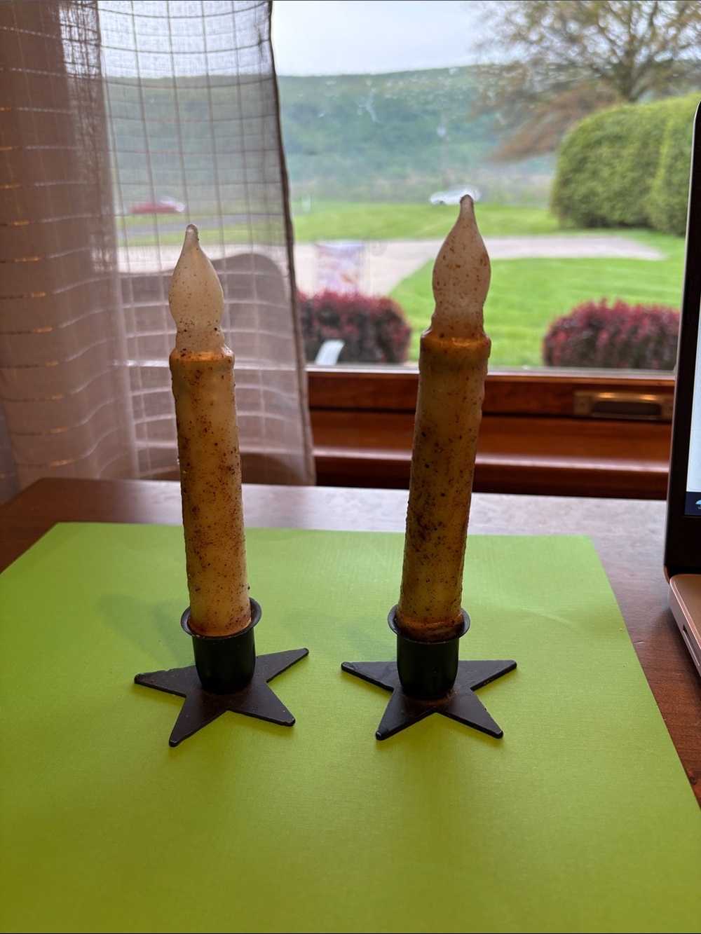 Two Primitive Battery Operated Window Candles Distressed Grungy Finish